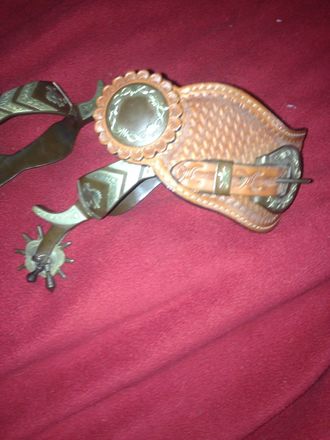 Men Rodeo Show Spurs Silver Inlay Leather Spur Straps Jingle